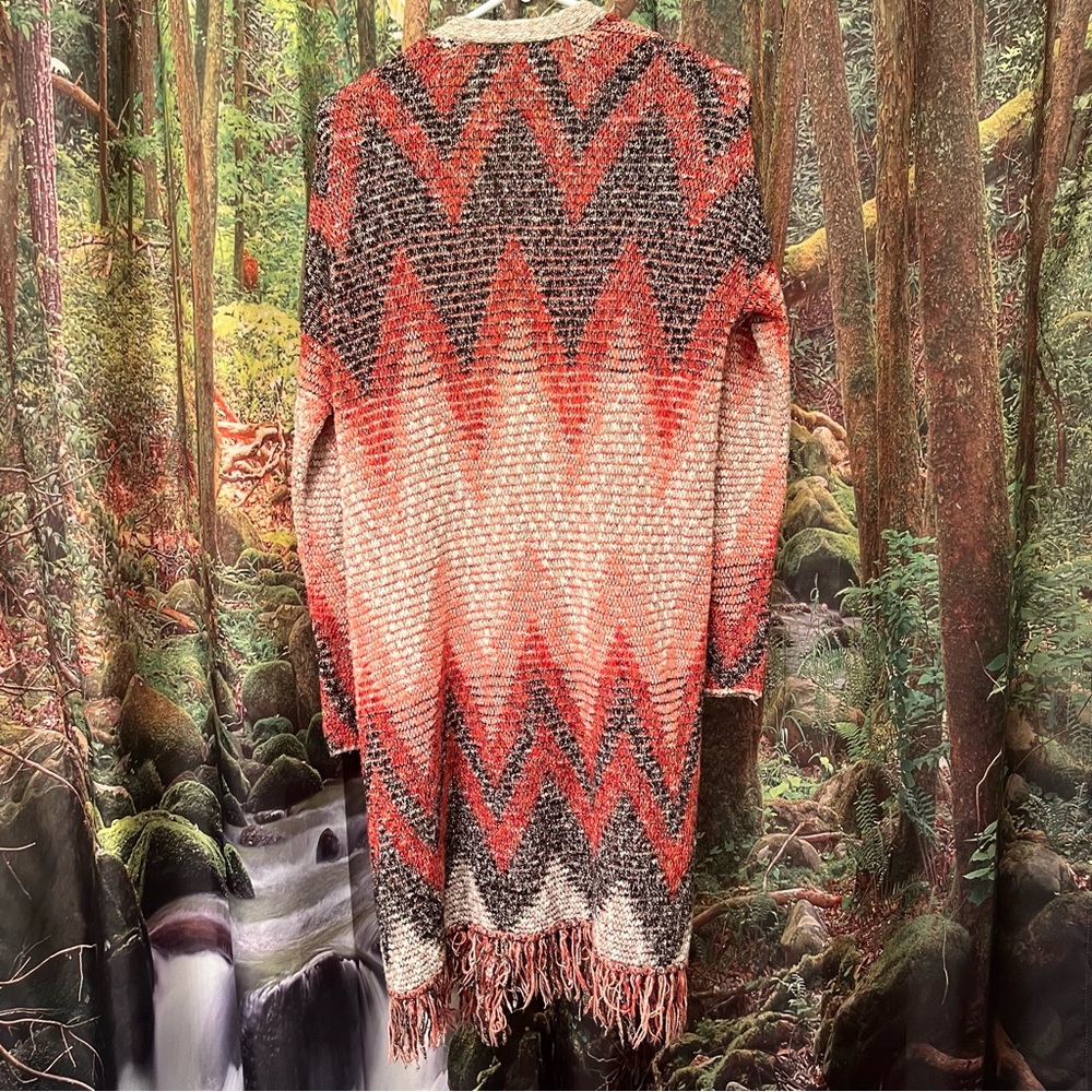 Lucky Brand Chevron Fringe Duster Cardigan sweater medium southwestern print - Picture 9 of 14